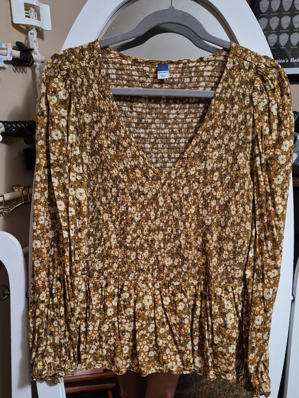 Old Navy Mustard Floral Smocked Peplum Long-Sleeve Dress